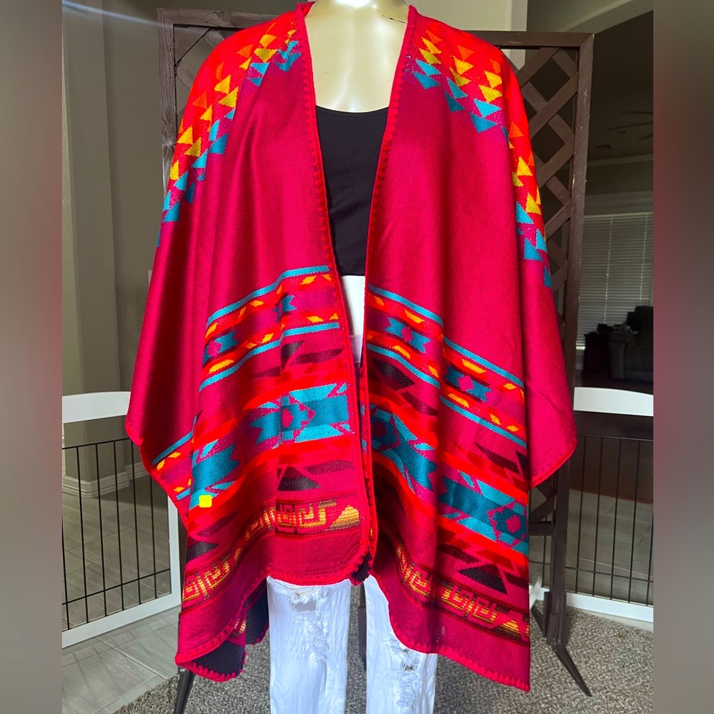 Alpaca Wool Red Rainbow Poncho